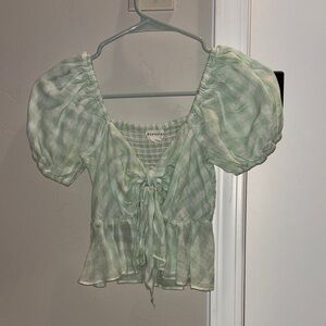 Aeropostale Green Checkered Puff Sleeve Blouse